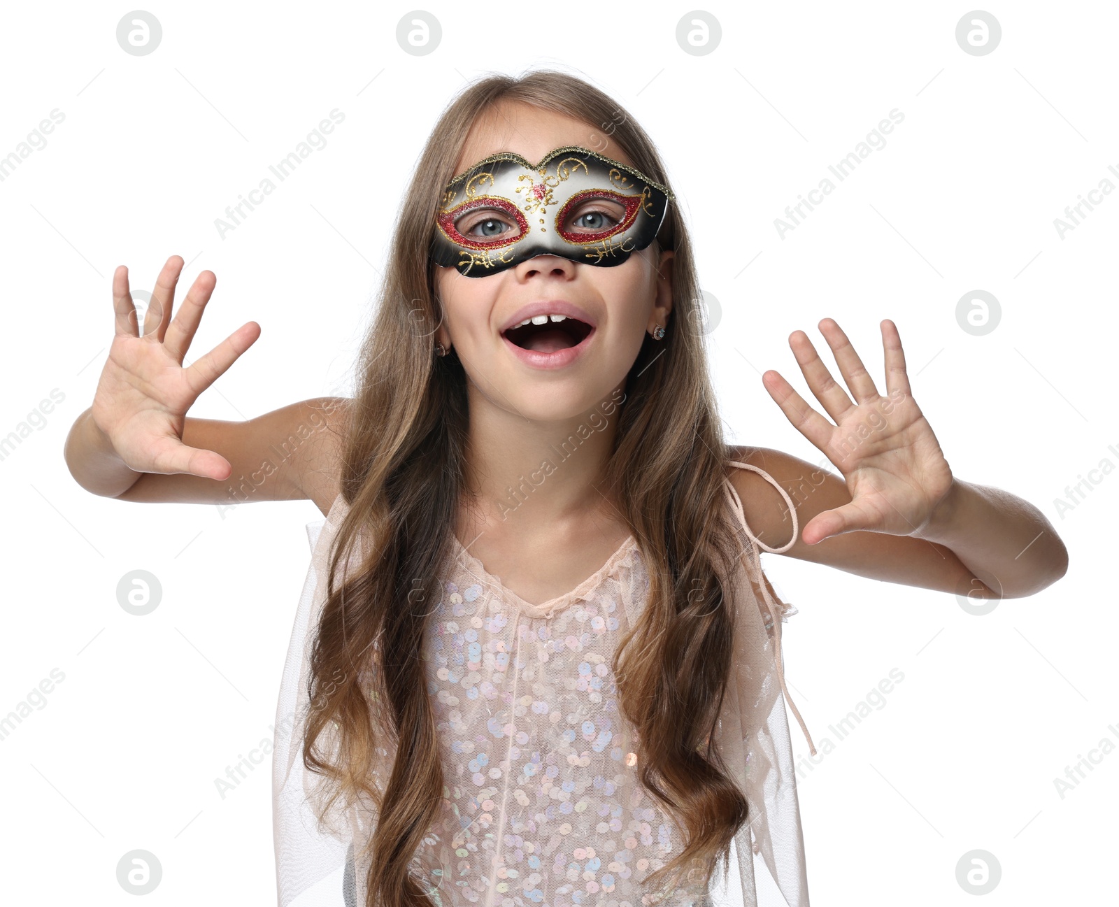 Photo of Cute girl wearing carnival mask on white background