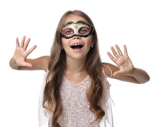 Photo of Cute girl wearing carnival mask on white background