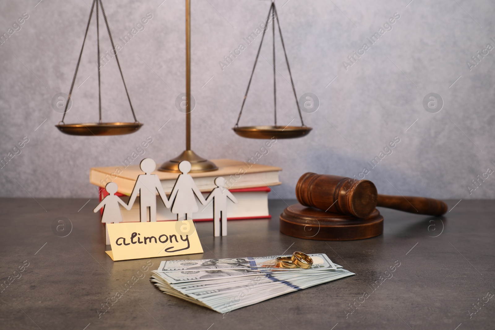 Photo of Card with word Alimony, wooden gavel, figures of family, scales and dollar banknotes on grey table