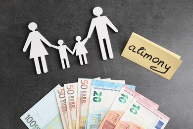 Card with word Alimony, euro banknotes and figures of family on grey table, flat lay