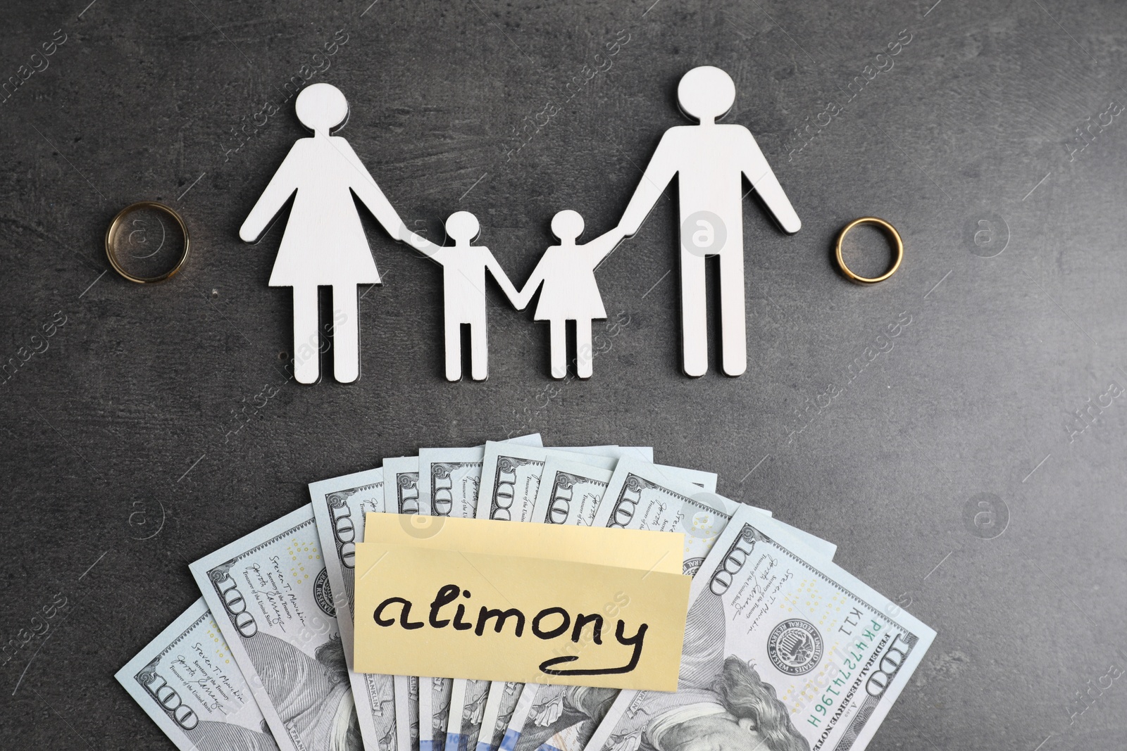 Photo of Card with word Alimony, dollar banknotes, wedding rings and figures of family on grey table, flat lay