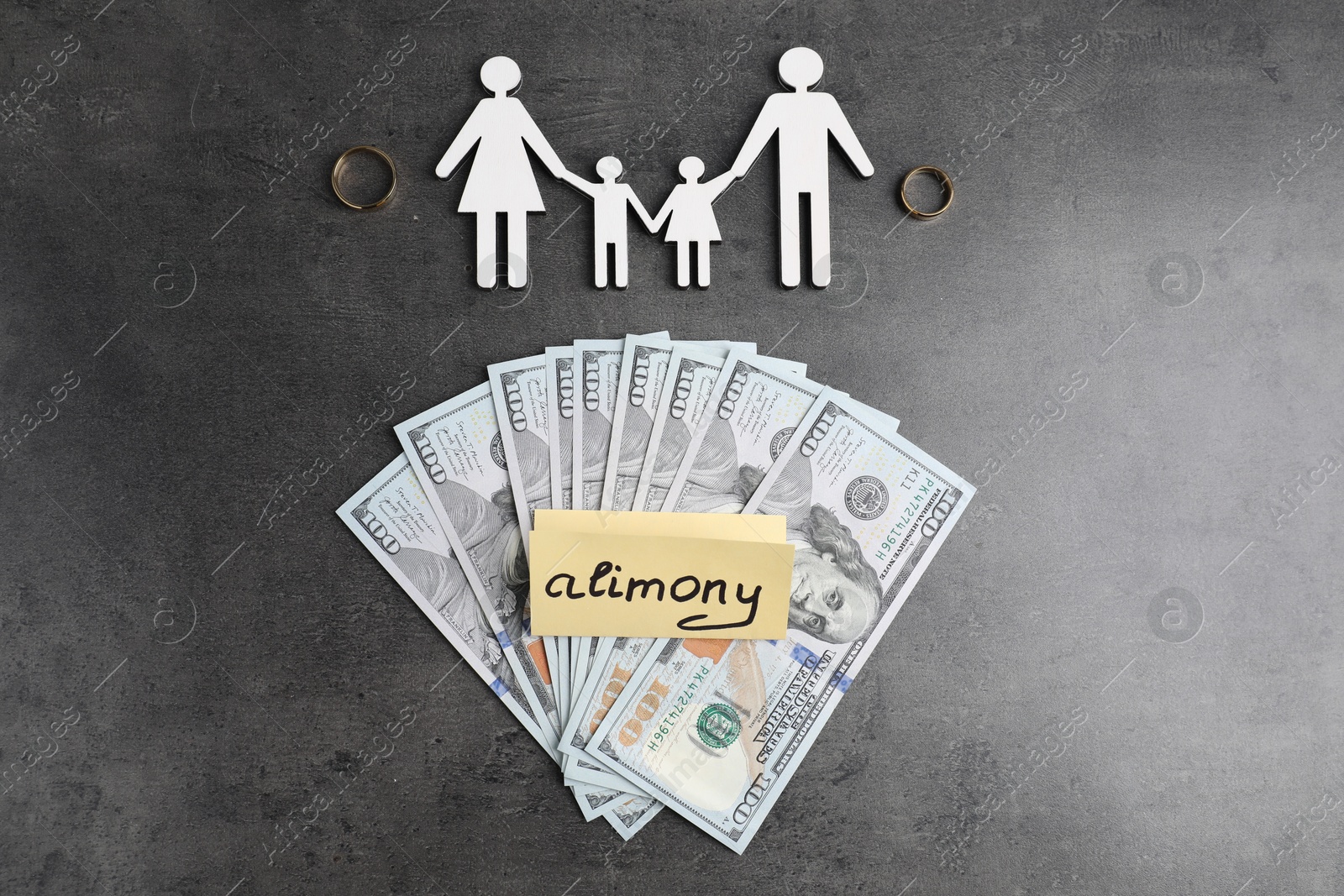 Photo of Card with word Alimony, dollar banknotes, wedding rings and figures of family on grey table, flat lay