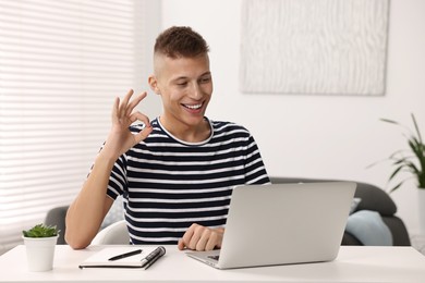 Young man using sign language during video call indoors