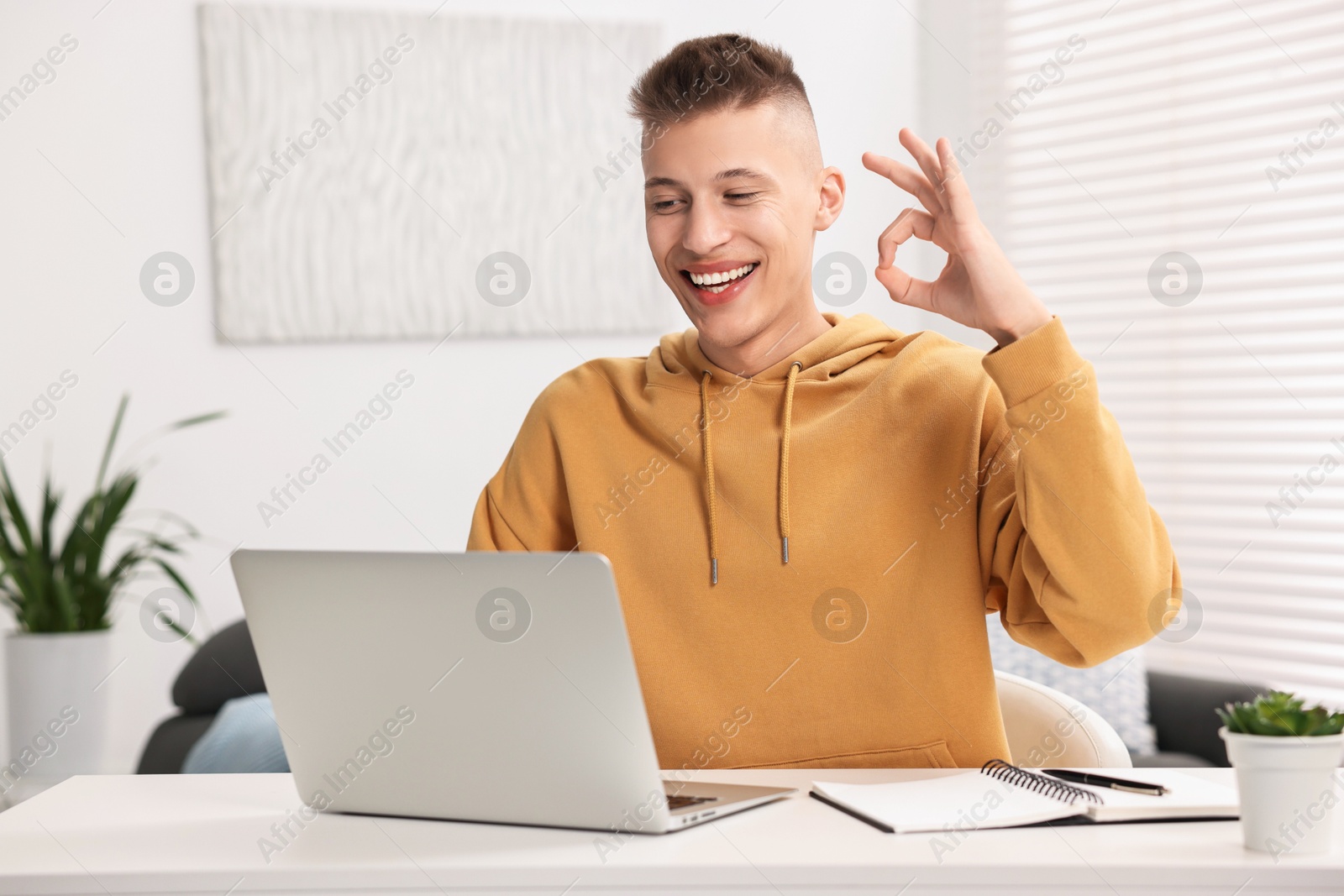 Photo of Young man using sign language during video call indoors