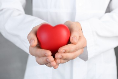 Photo of Doctor holding red heart on grey background, closeup