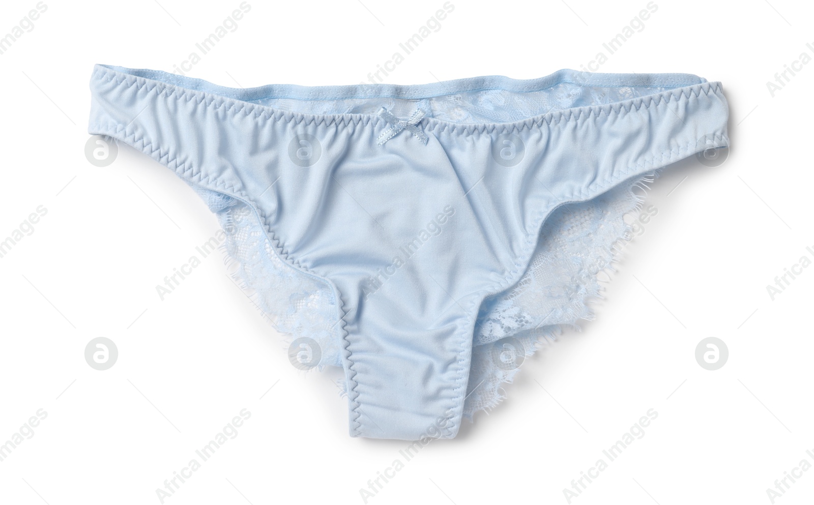 Photo of Elegant light blue lace women's panties isolated on white, top view