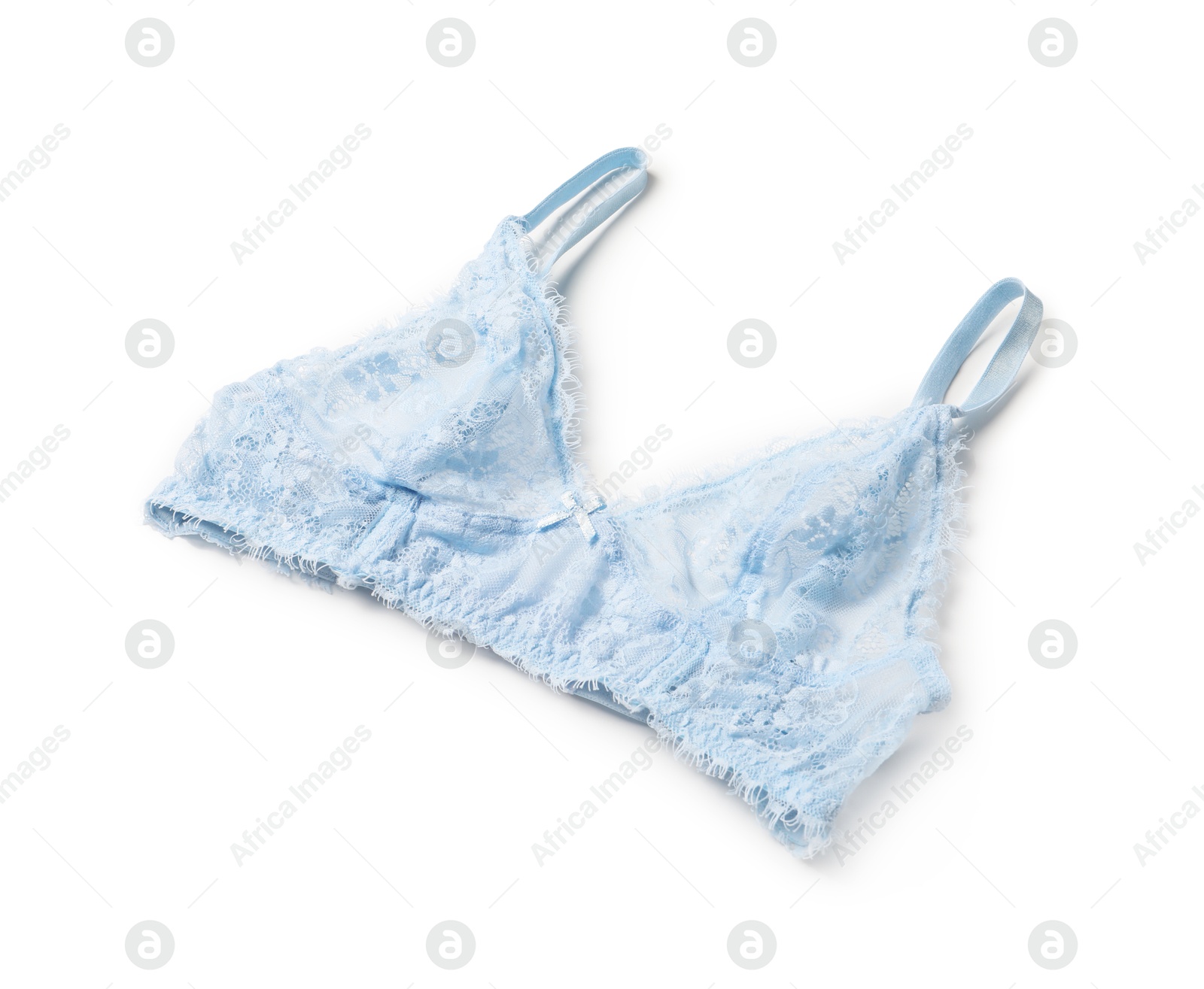 Photo of Elegant light blue lace women's underwear isolated on white