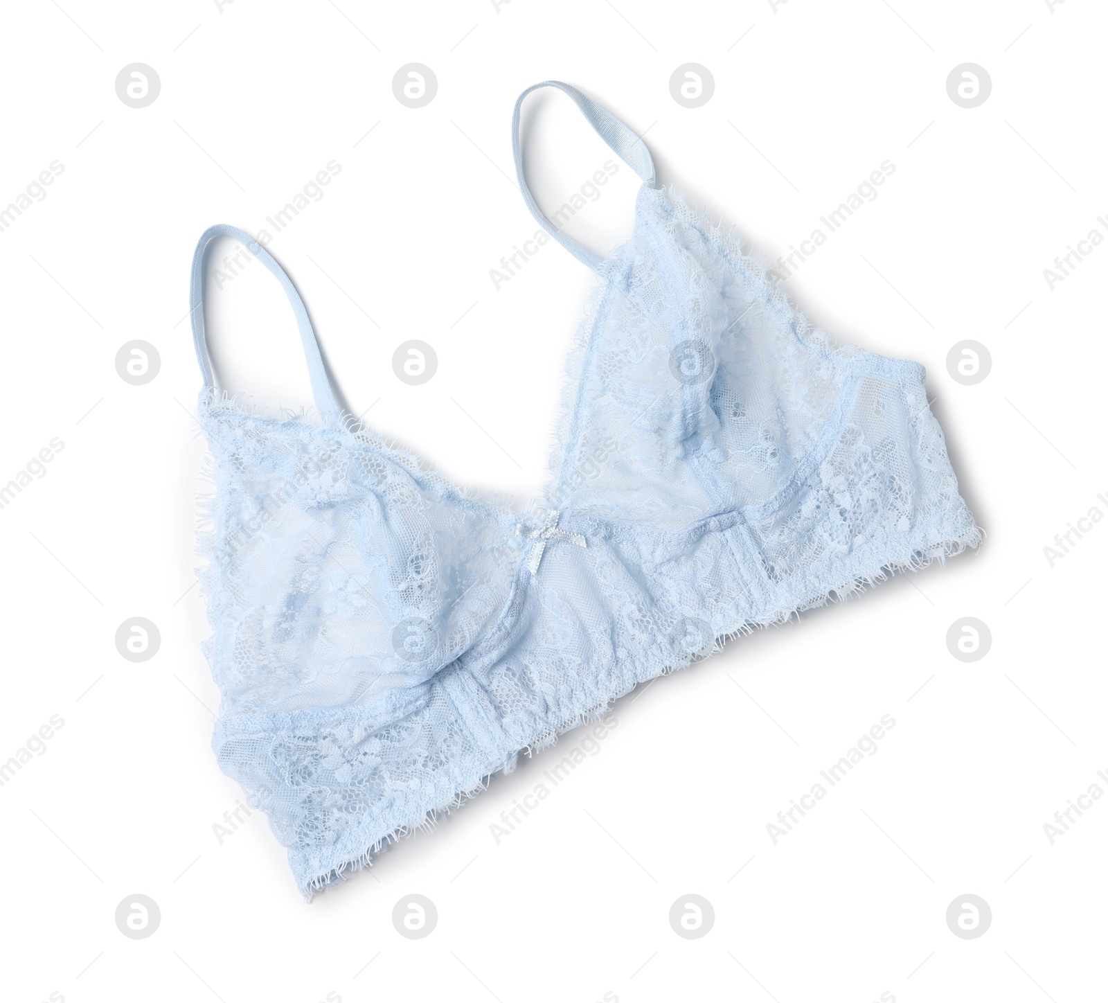 Photo of Elegant light blue lace women's underwear isolated on white, top view