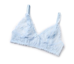 Photo of Elegant light blue lace women's underwear isolated on white, top view