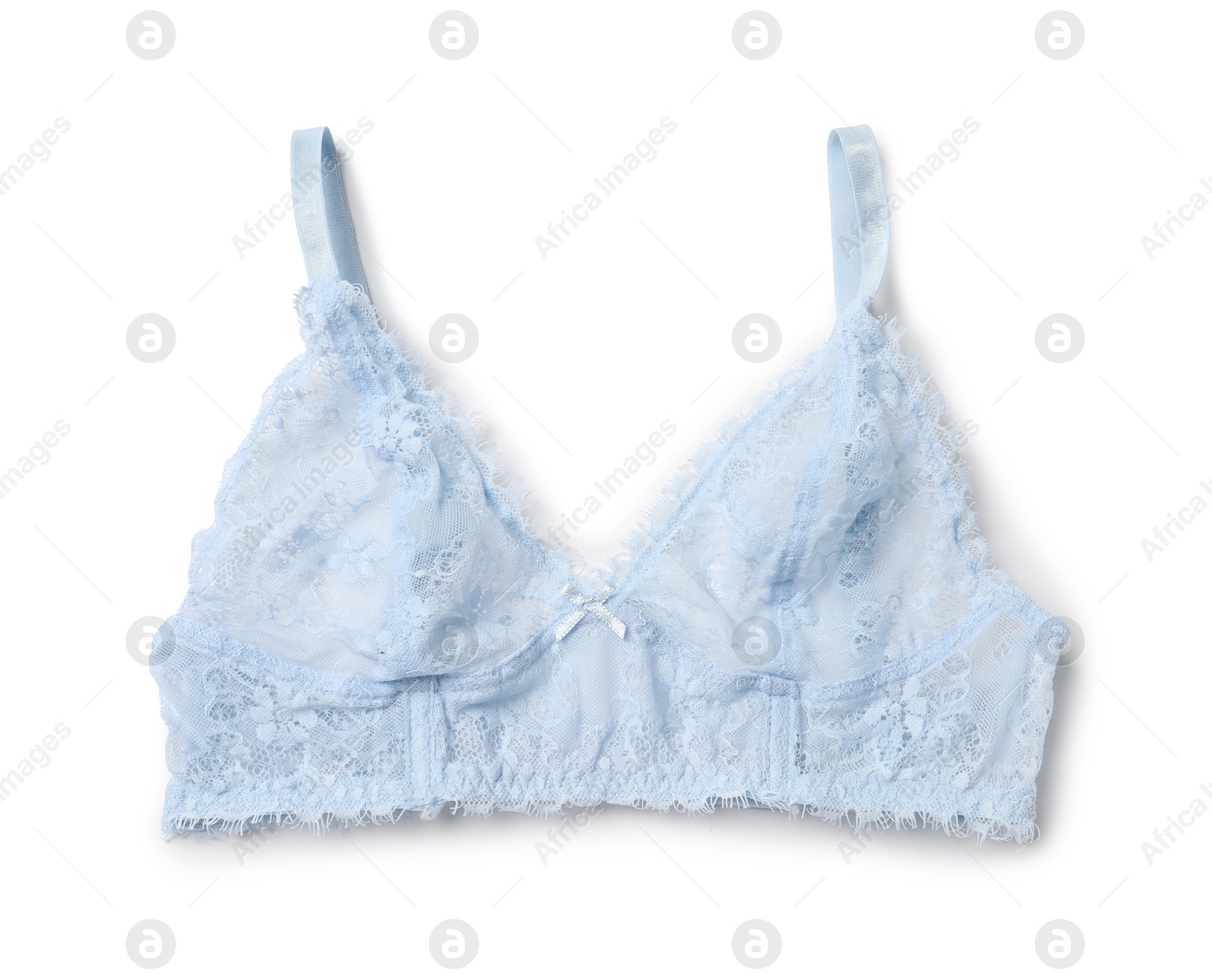 Photo of Elegant light blue lace women's underwear isolated on white, top view