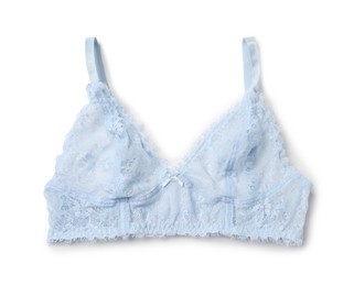 Elegant light blue lace women's underwear isolated on white, top view