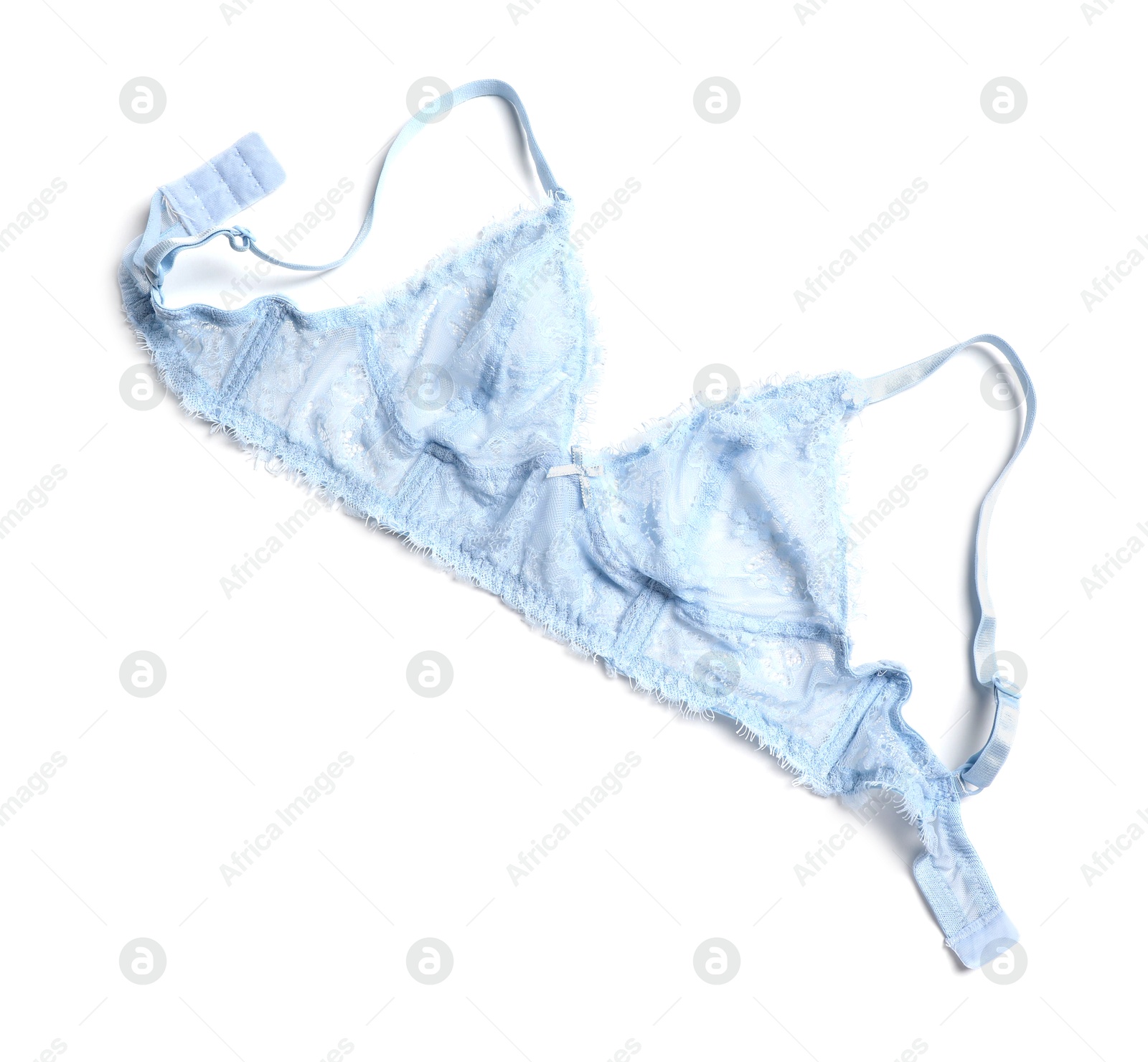 Photo of Elegant light blue lace women's underwear isolated on white, top view