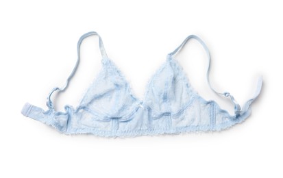 Photo of Elegant light blue lace women's underwear isolated on white, top view