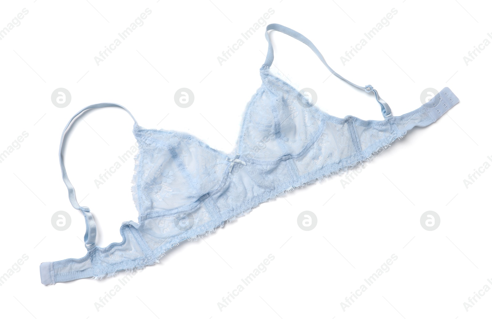 Photo of Elegant light blue lace women's underwear isolated on white, top view