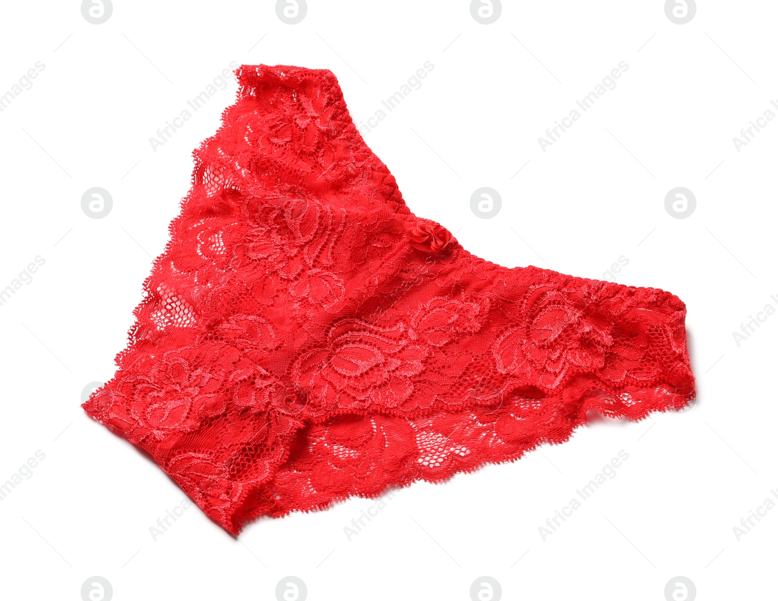 Photo of Elegant red lace women's panties isolated on white