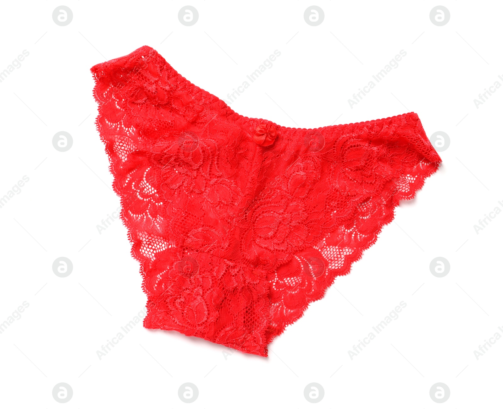 Photo of Elegant red lace women's panties isolated on white, top view