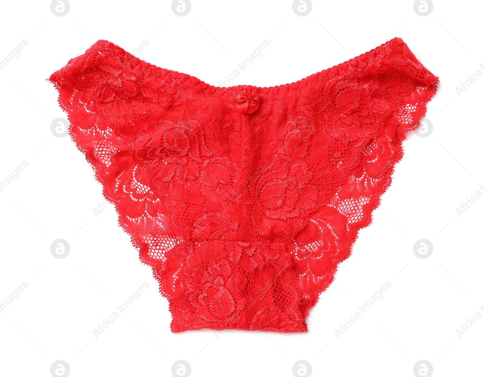 Photo of Elegant red lace women's panties isolated on white, top view