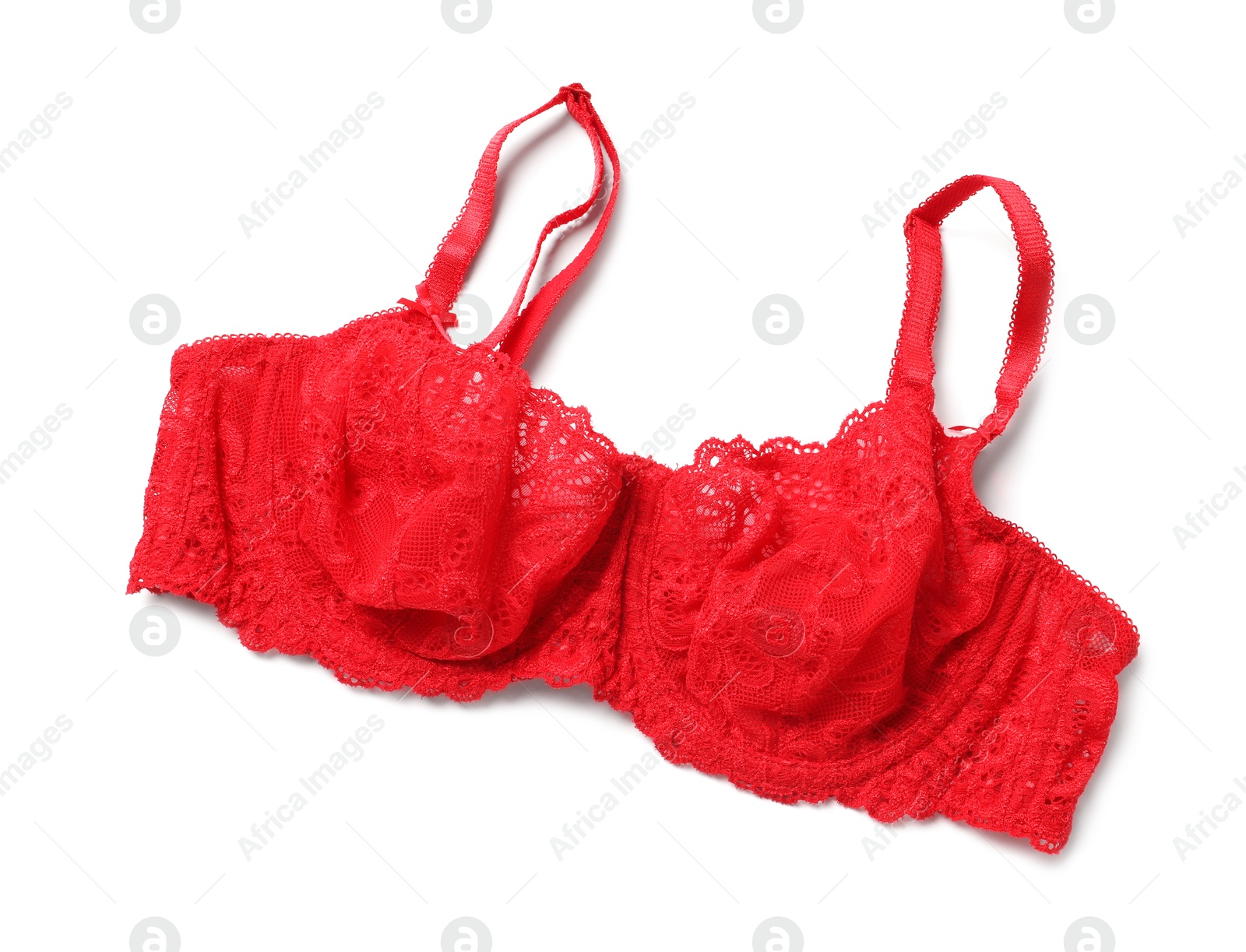 Photo of Elegant red lace women's underwear isolated on white, top view