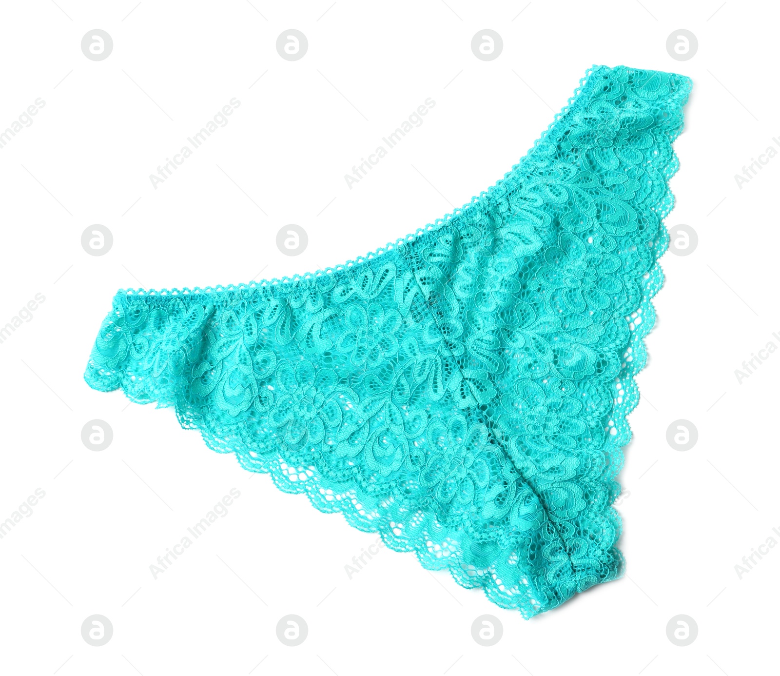 Photo of Elegant turquoise lace women's panties isolated on white, top view