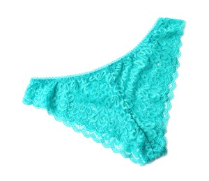 Elegant turquoise lace women's panties isolated on white, top view