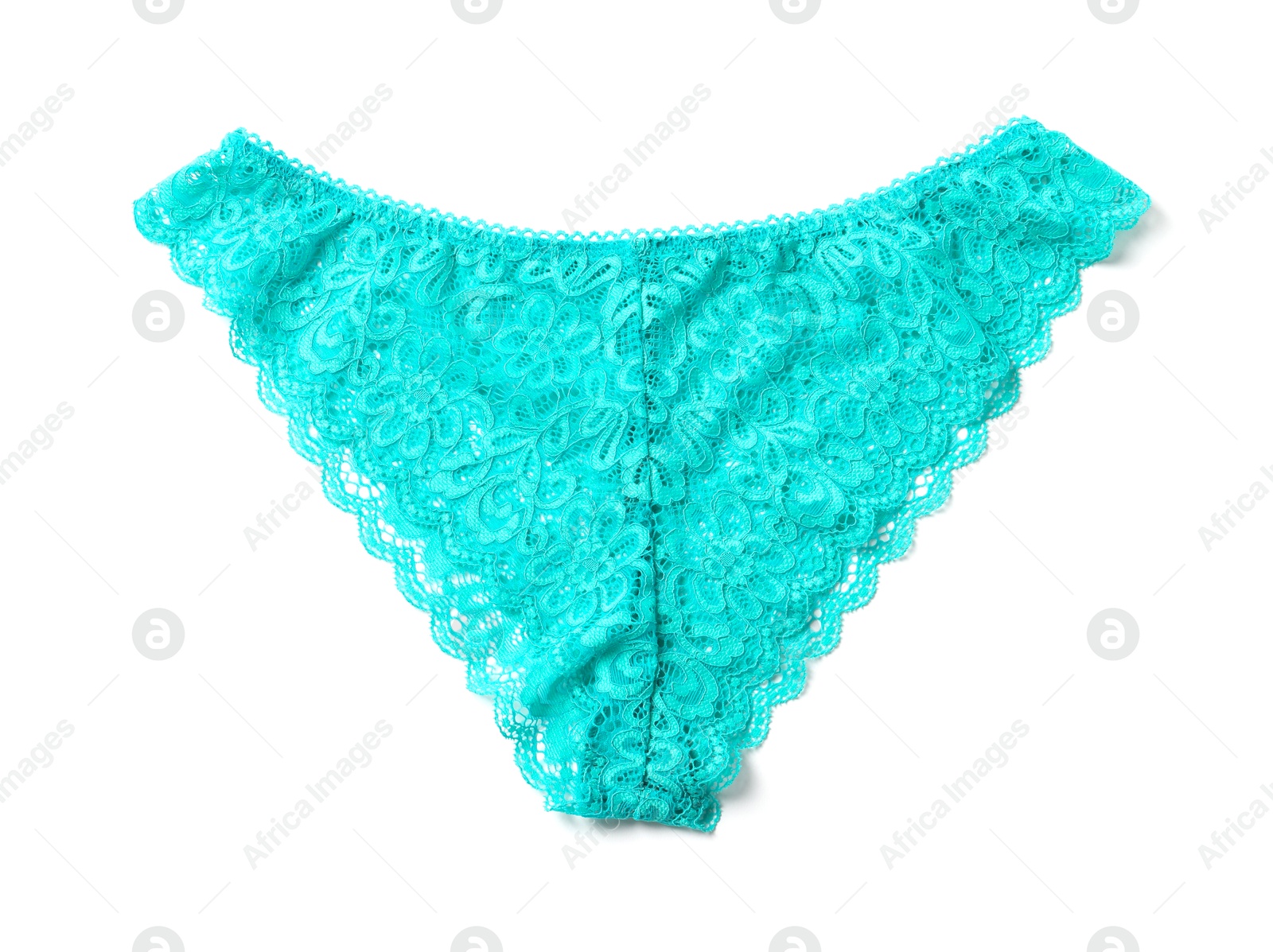 Photo of Elegant turquoise lace women's panties isolated on white, top view