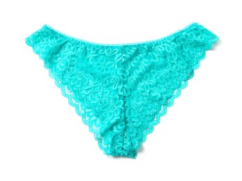 Photo of Elegant turquoise lace women's panties isolated on white, top view