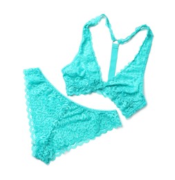 Photo of Elegant turquoise lace women's underwear on white background, top view