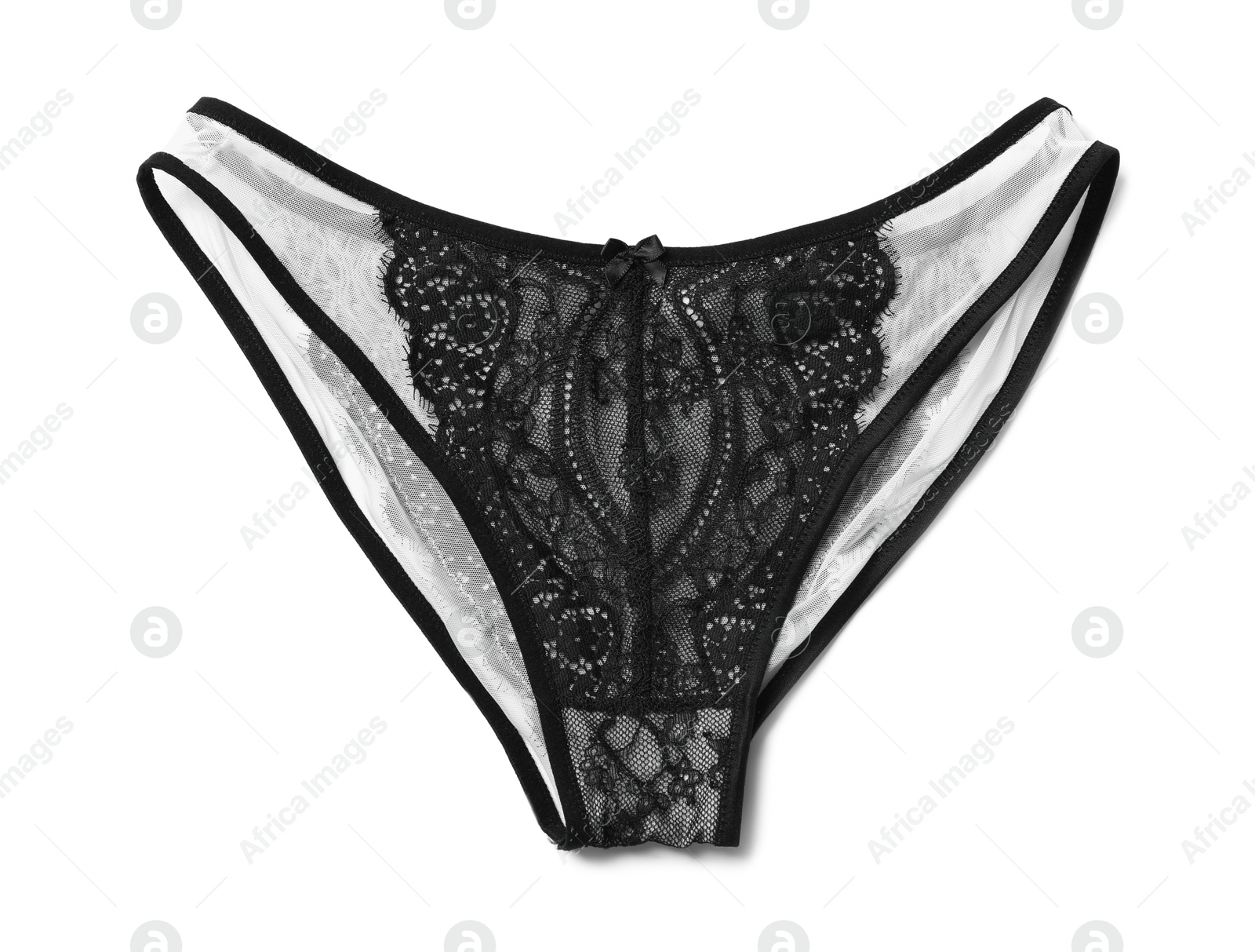 Photo of Elegant black lace women's panties isolated on white, top view