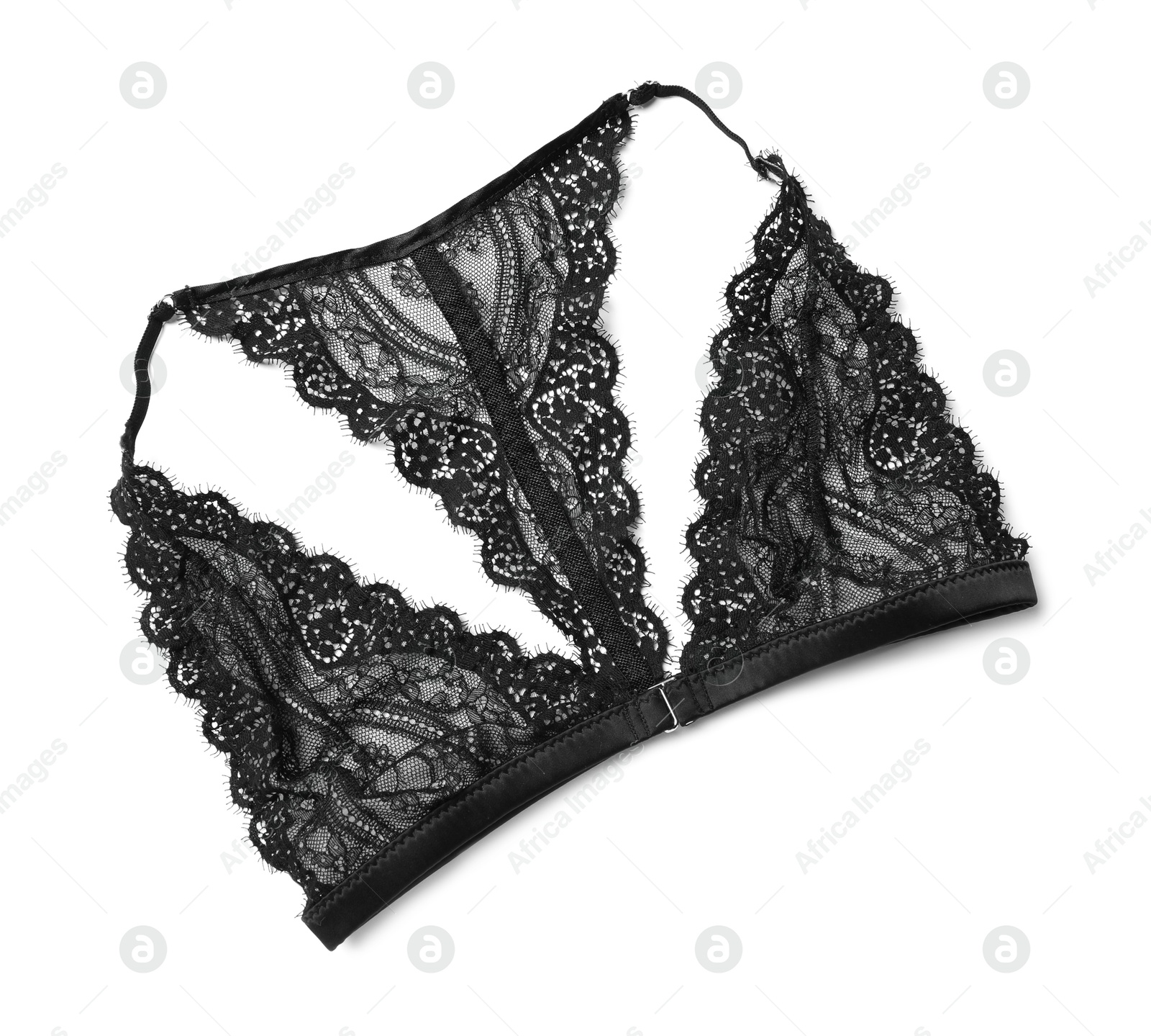 Photo of Elegant black lace women's underwear isolated on white, top view