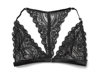 Photo of Elegant black lace women's underwear isolated on white, top view