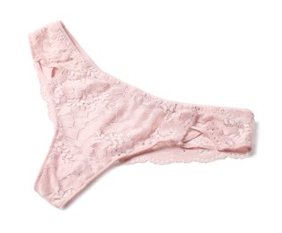 Photo of Elegant pink lace women's panties isolated on white