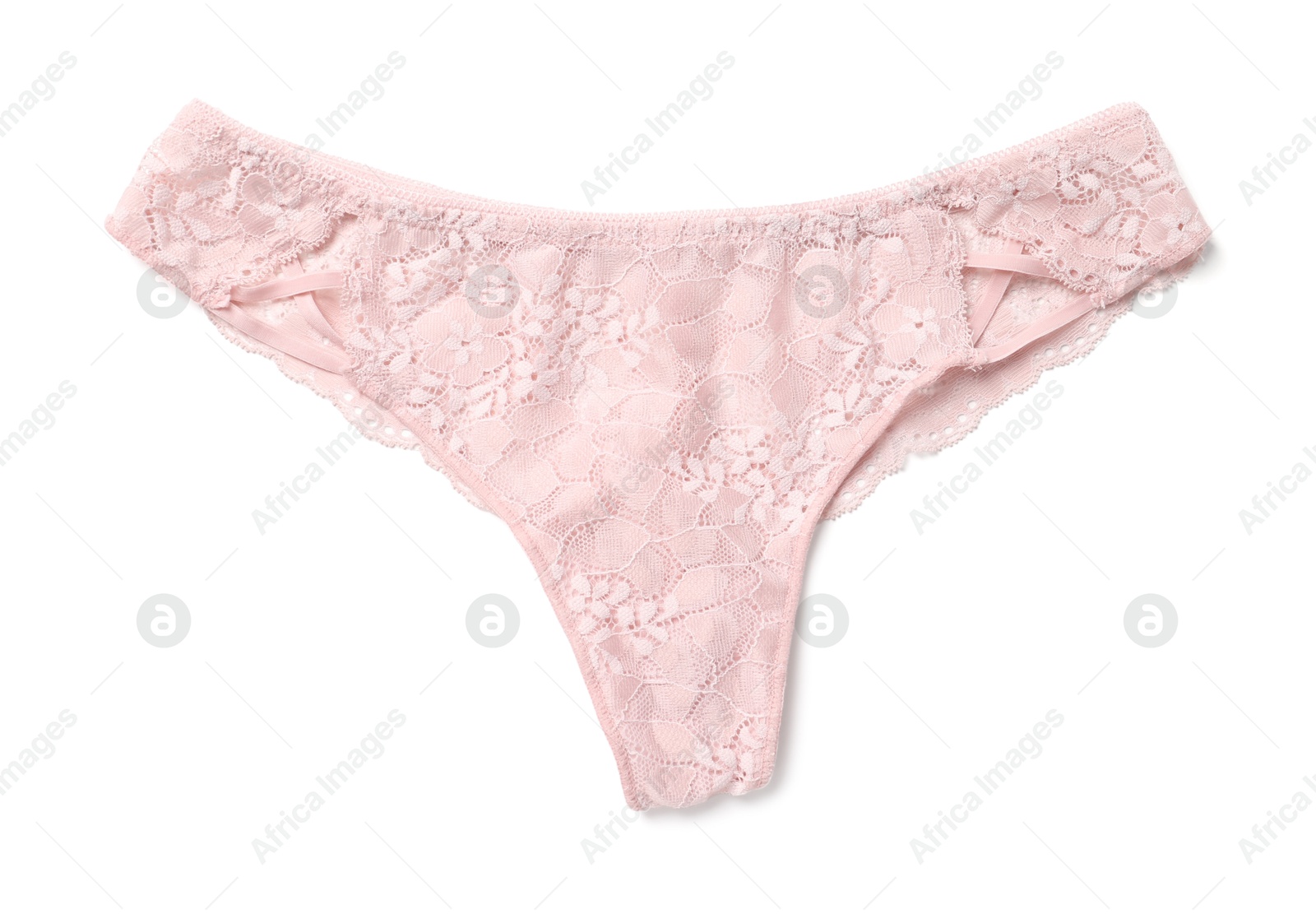 Photo of Elegant pink lace women's panties isolated on white, top view