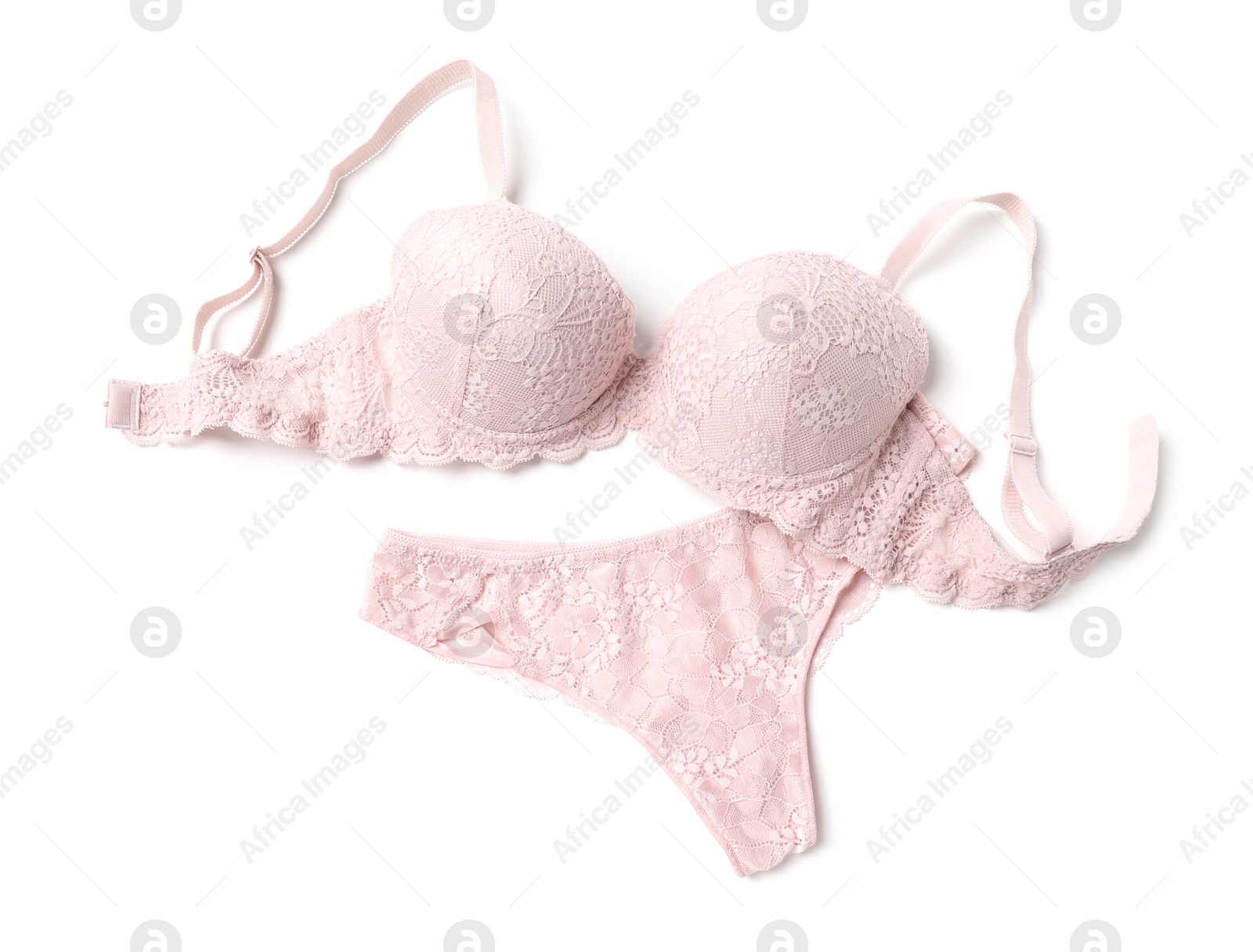 Photo of Elegant pink lace women's underwear isolated on white, top view