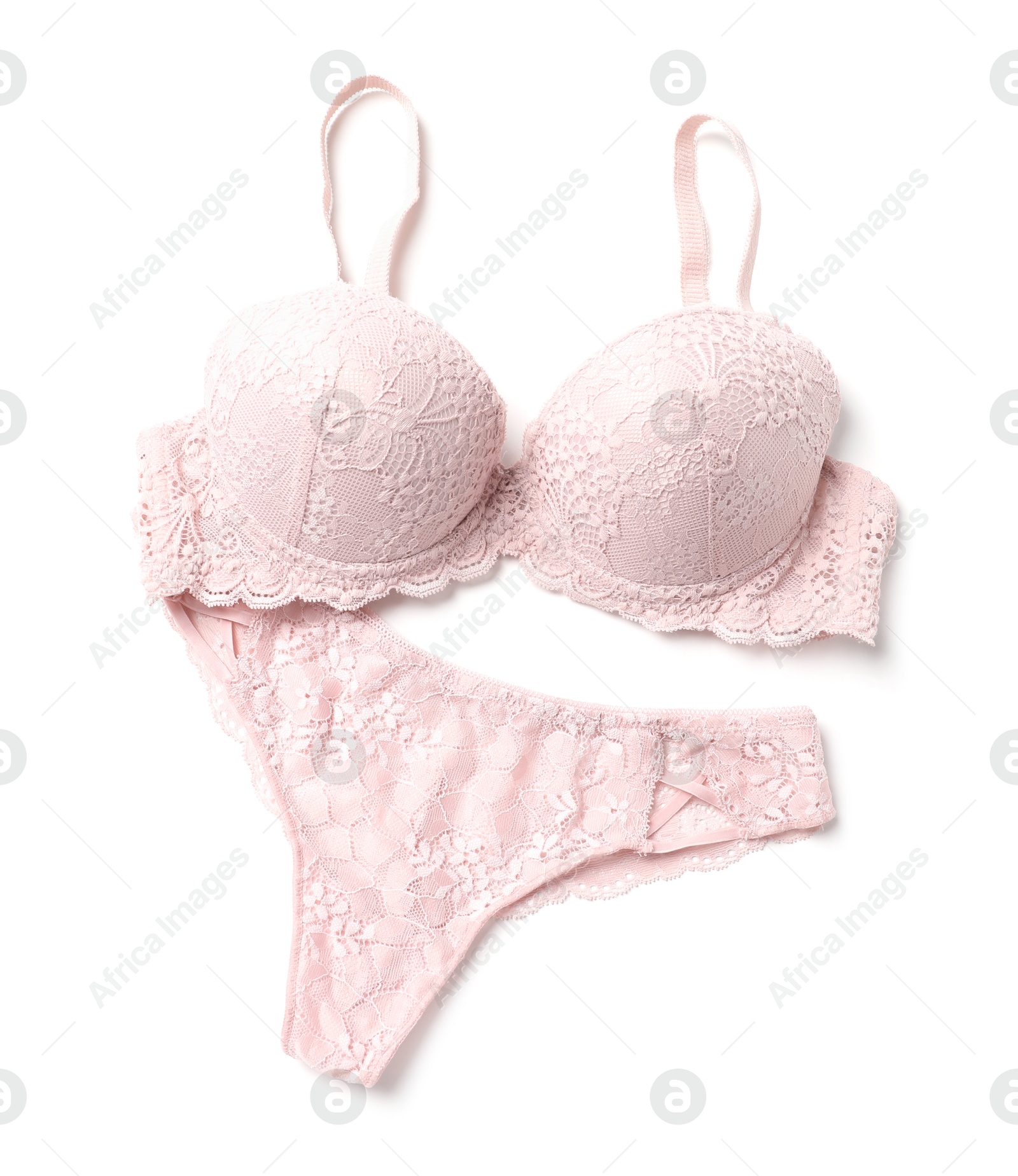 Photo of Elegant pink lace women's underwear isolated on white, top view