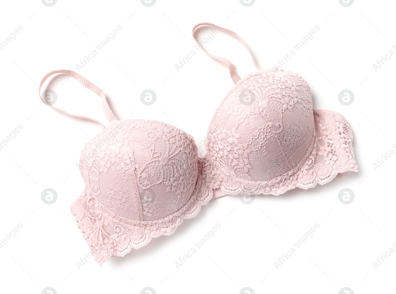 Photo of Elegant pink lace women's underwear isolated on white, top view