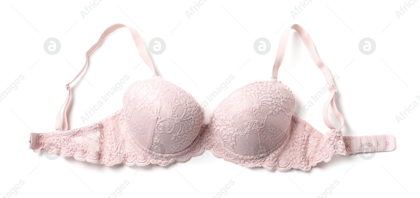 Photo of Elegant pink lace women's underwear isolated on white, top view