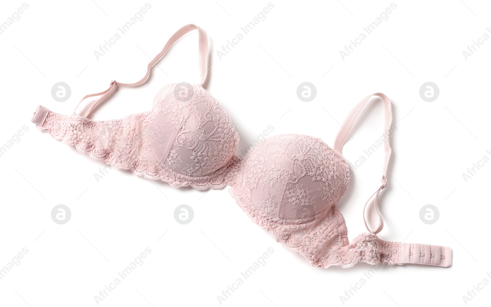 Photo of Elegant pink lace women's underwear isolated on white, top view