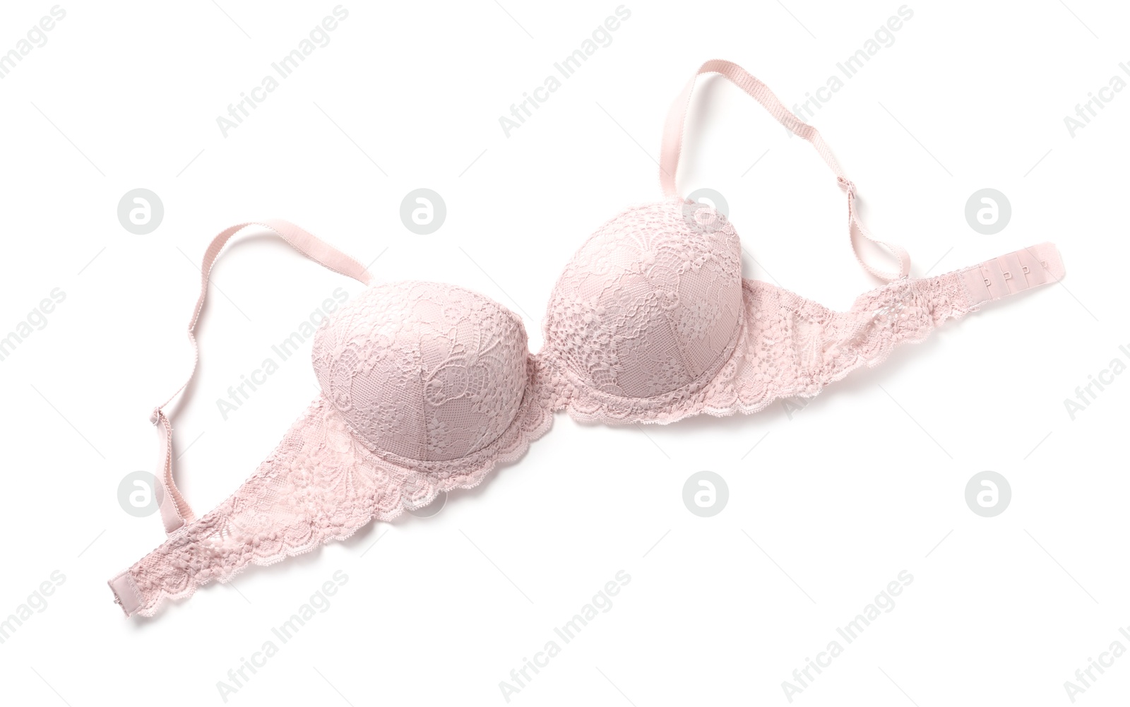 Photo of Elegant pink lace women's underwear isolated on white, top view