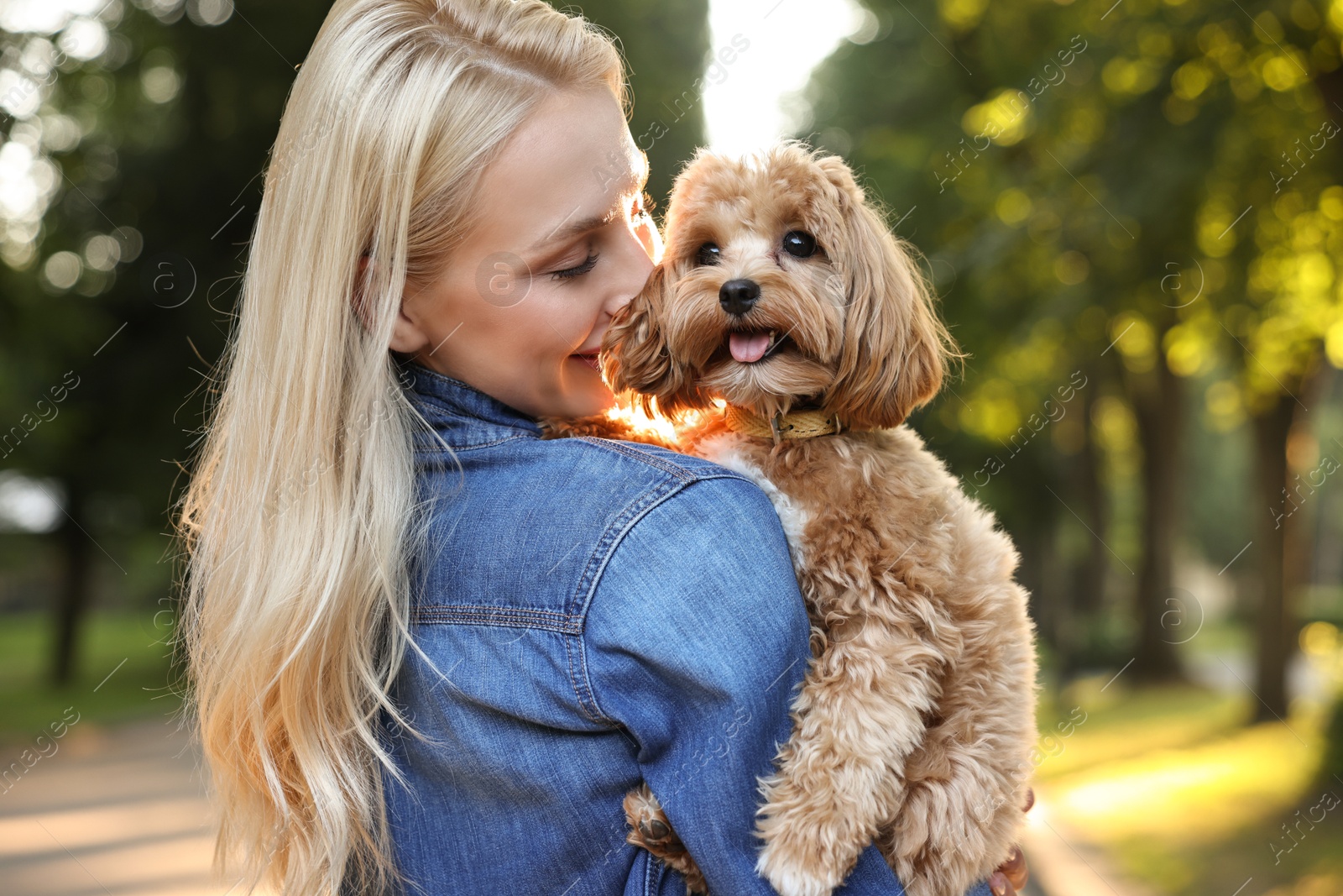 Photo of Beautiful young woman with cute dog in park