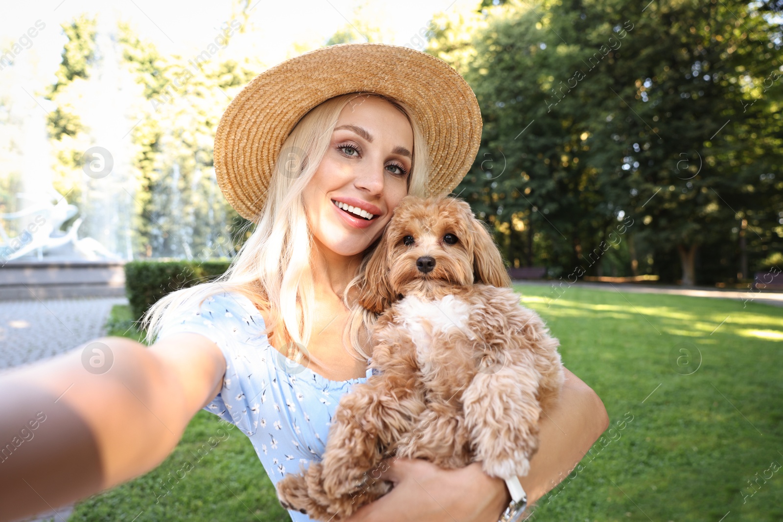 Photo of Beautiful young woman taking selfie with cute dog in park