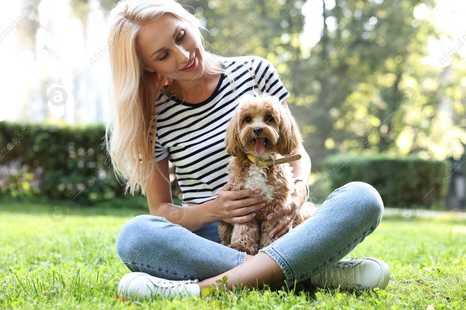 Photo of Beautiful young woman with cute dog on green grass in park