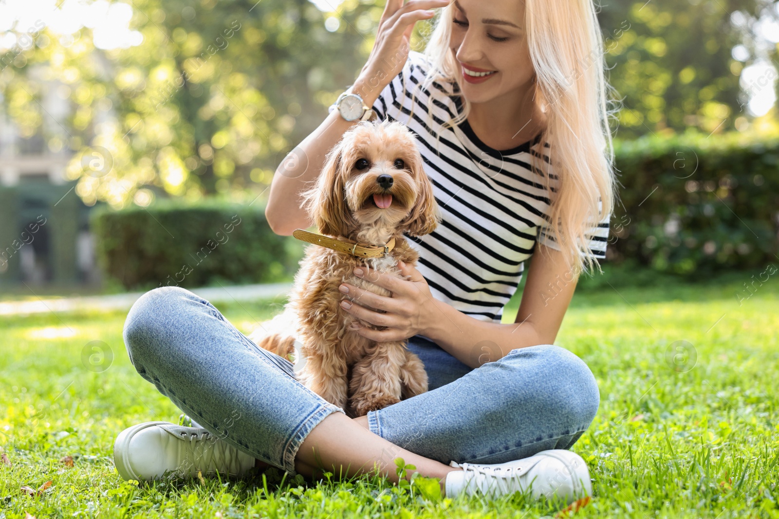 Photo of Beautiful young woman with cute dog on green grass in park