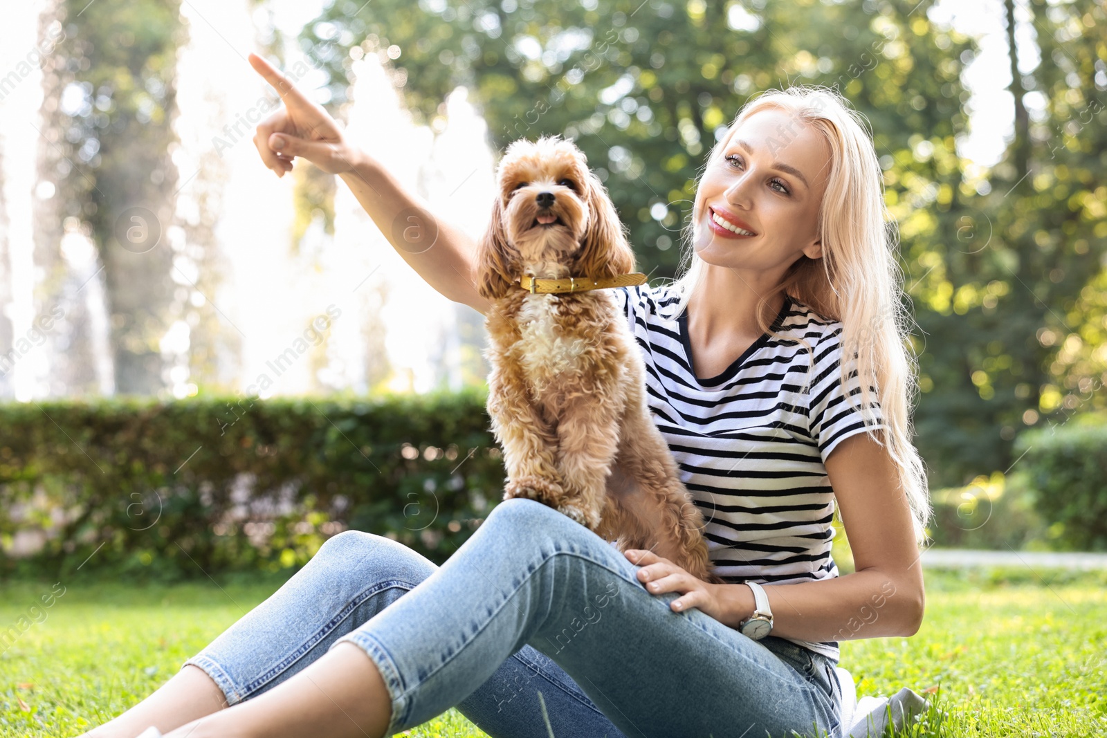 Photo of Beautiful young woman with cute dog on green grass in park