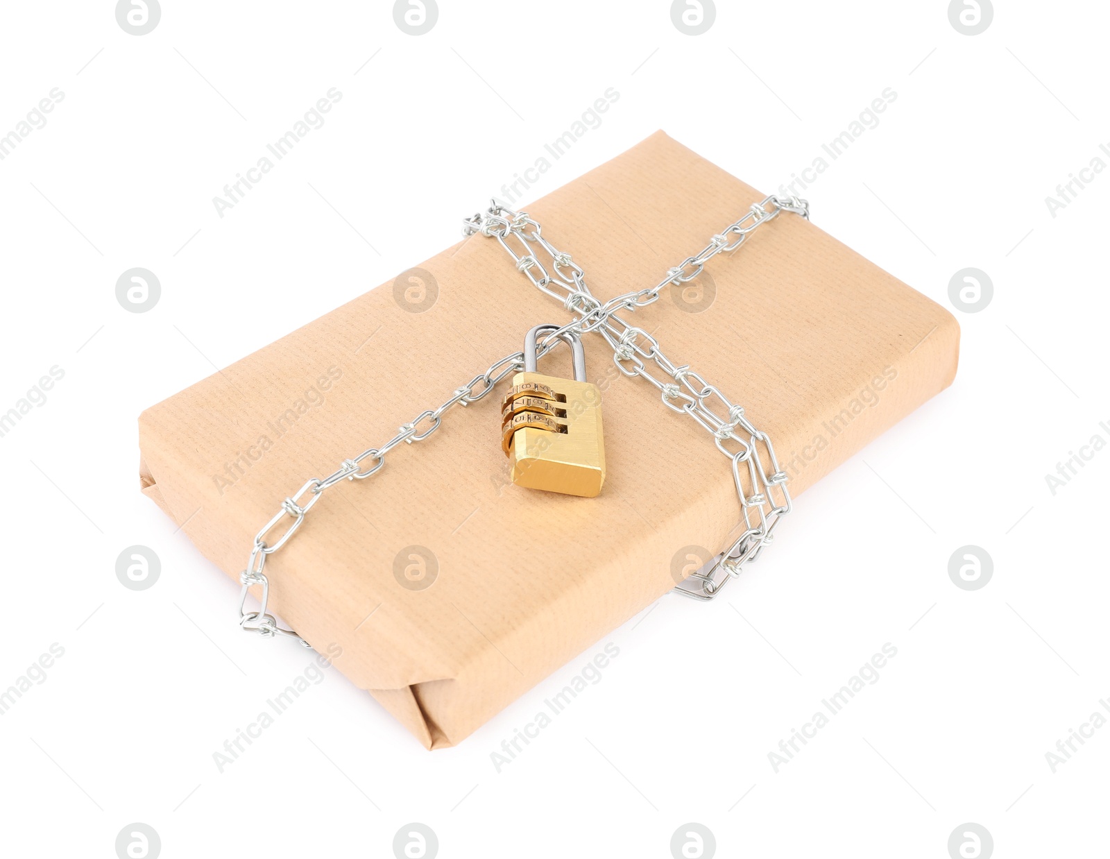 Photo of One parcel with chain and padlock isolated on white