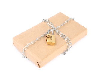 One parcel with chain and padlock isolated on white