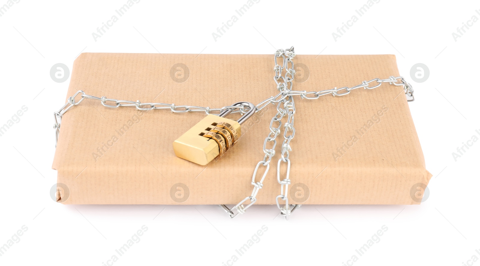 Photo of One parcel with chain and padlock isolated on white