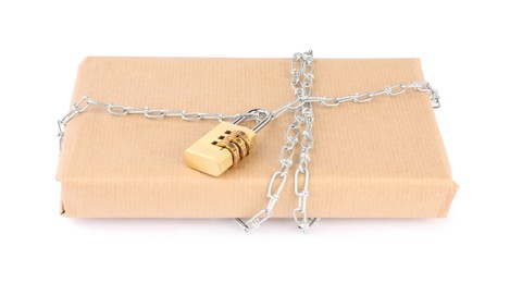 One parcel with chain and padlock isolated on white