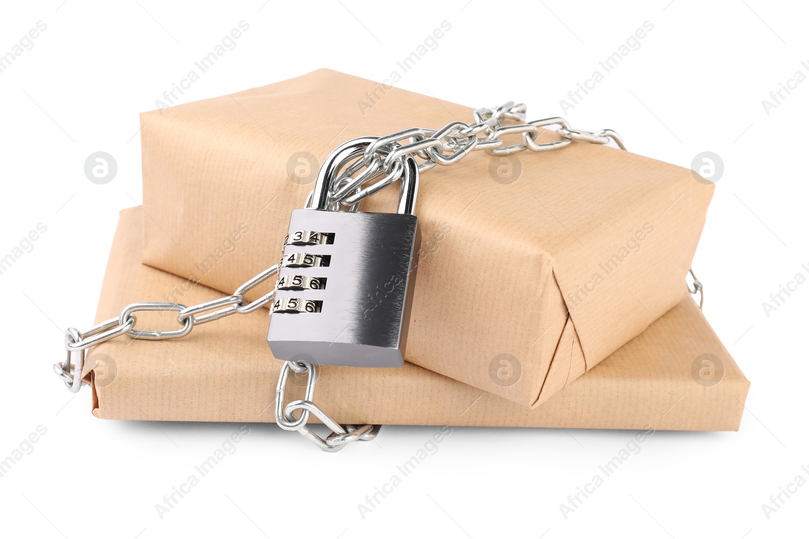 Photo of Parcels with chain and padlock isolated on white