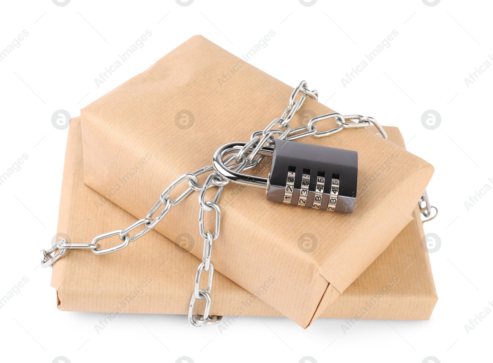 Photo of Parcels with chain and padlock isolated on white