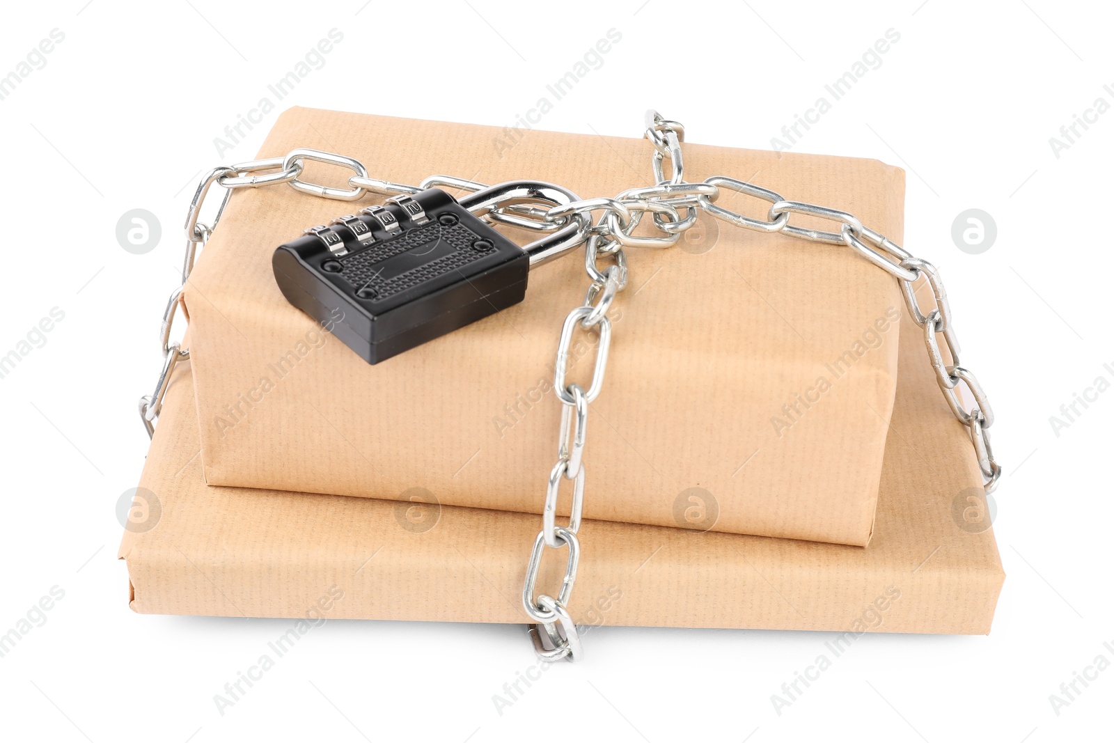 Photo of Parcels with chain and padlock isolated on white